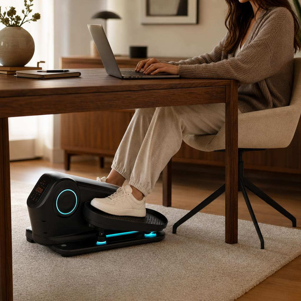 KYNETIC under-desk elliptical in use beneath a desk, matte black with cyan LED ring